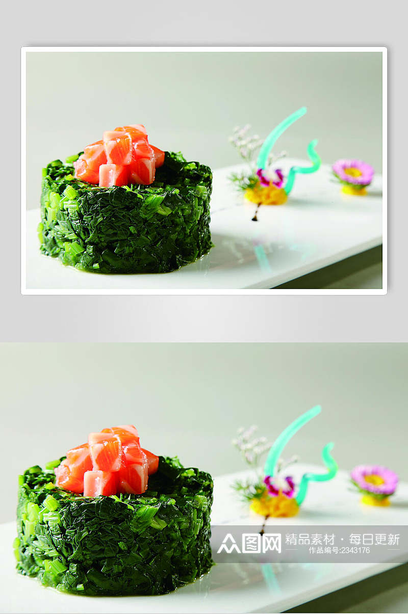 三文鱼拌菠菜食品图片素材