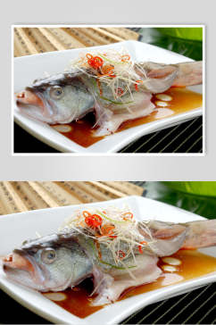 新鲜美味清蒸鲈鱼摄影图片