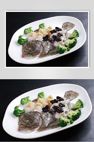 双色蒸多宝鱼食品菜摄影图片