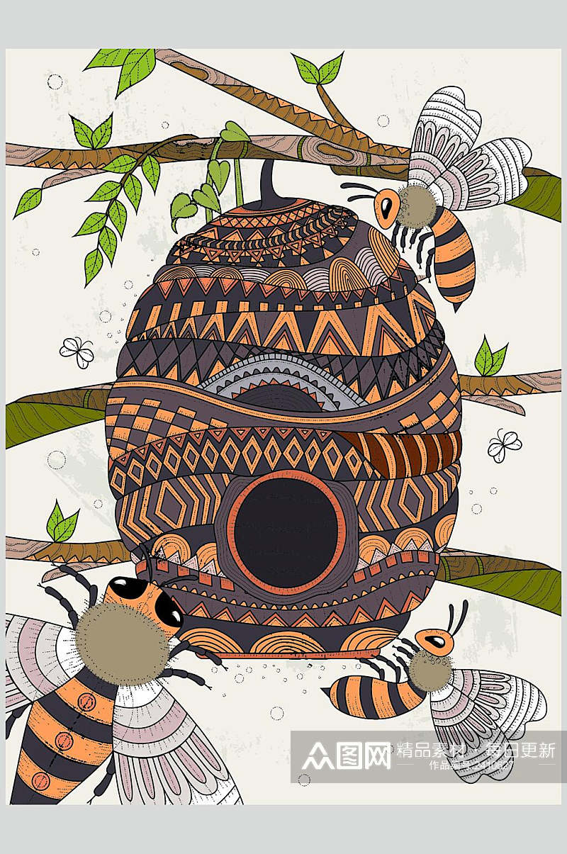 创意高端手绘蜜蜂动物插画素材素材