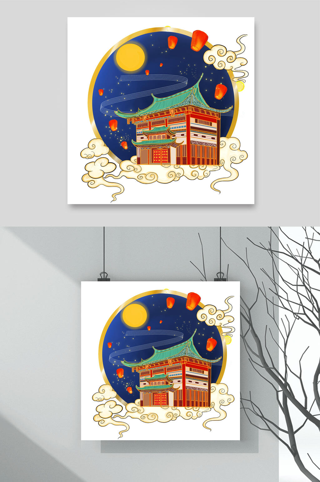 楼阁中秋节兔子素材素材