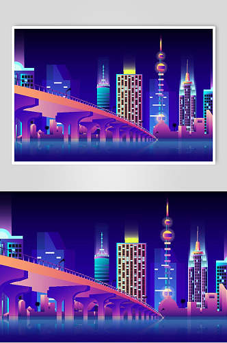 紫色霓虹灯光城市矢量素材