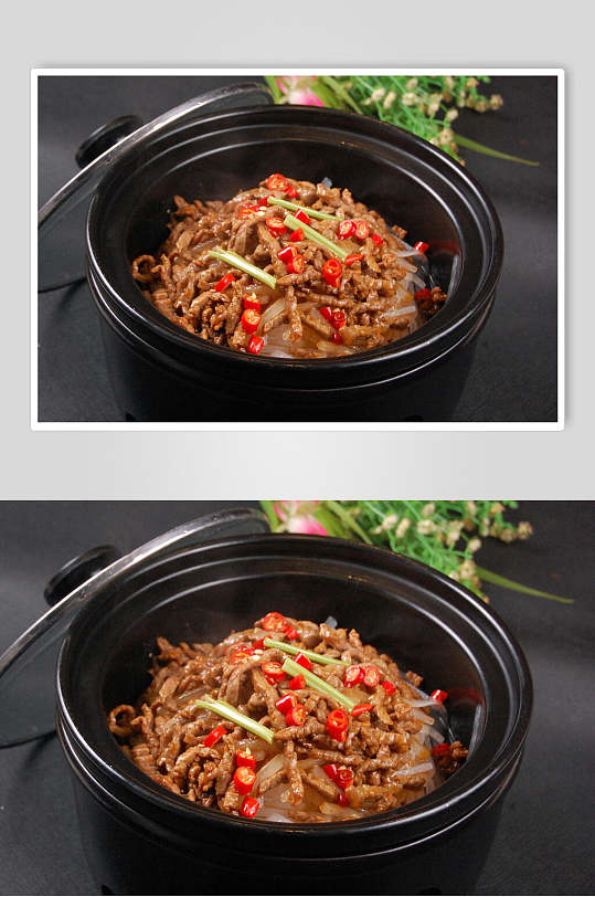 锅仔萝卜丝煮牛肉食物摄影图片