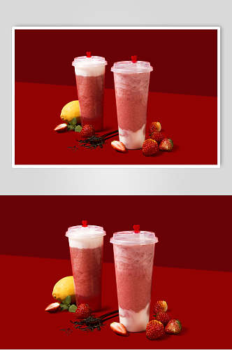 清新红色草莓水果茶奶茶摄影图