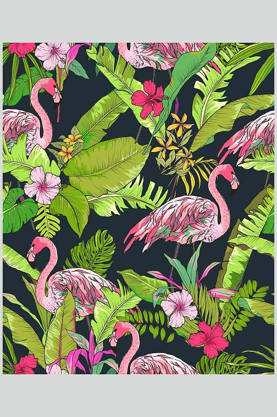 热带植物火烈鸟水果花卉图案背景素材