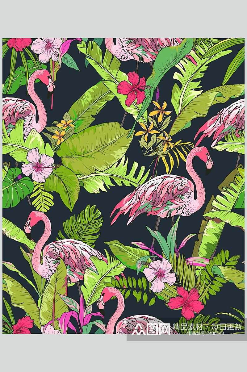 热带植物火烈鸟水果花卉图案背景素材素材