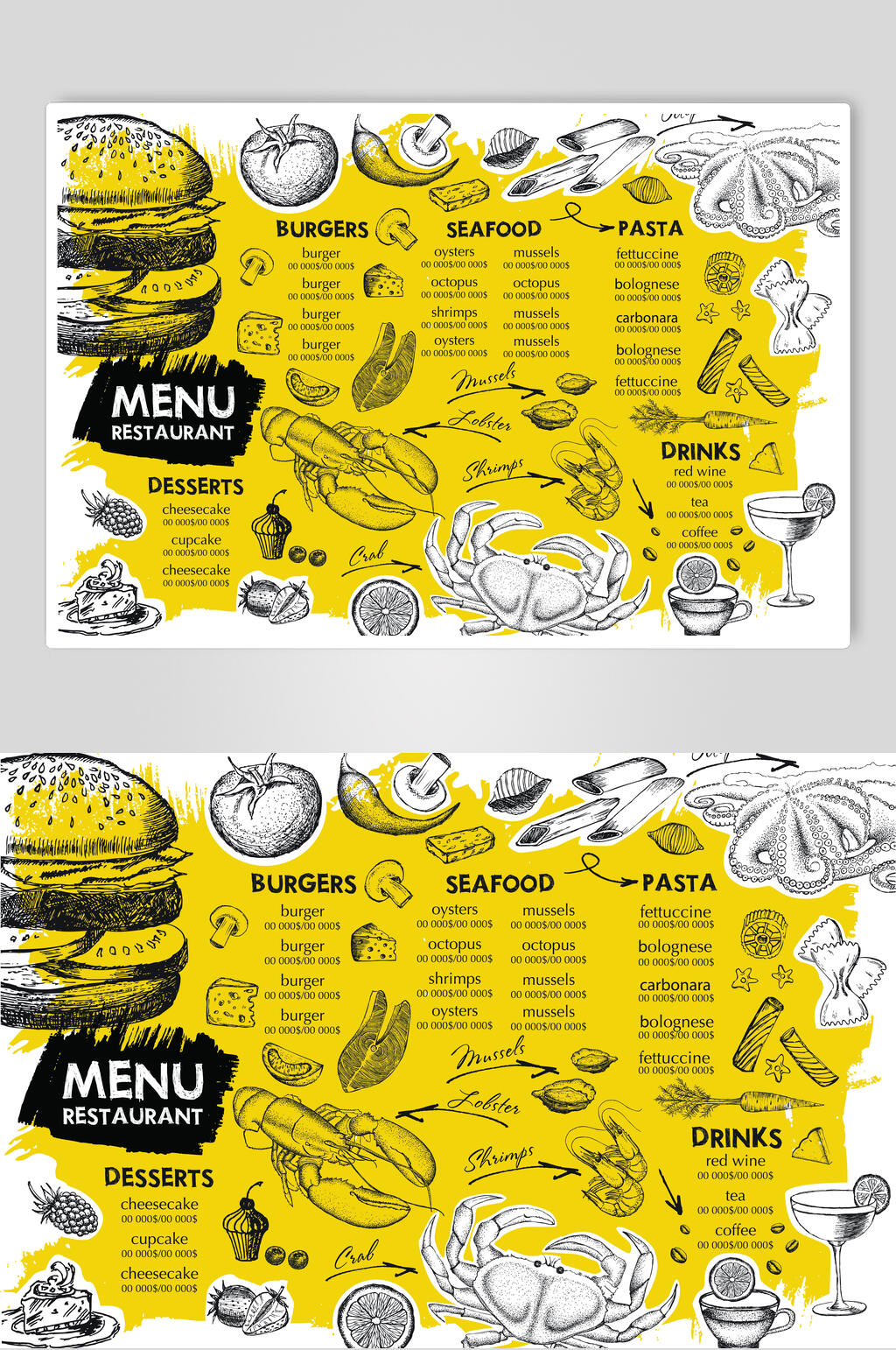 黄色西餐厅菜单英文矢量素材