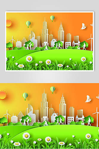 橙绿色卡通环保插画素材