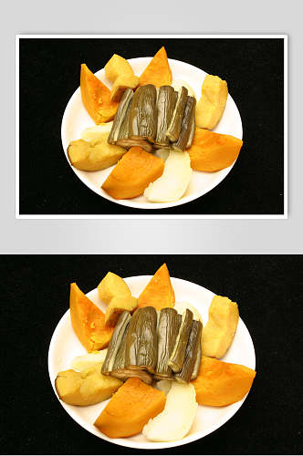 南瓜土豆茄子蒸餐饮摄影图片