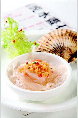 招牌海鲜蒜茸粉丝蒸扇贝食品菜摄影图片
