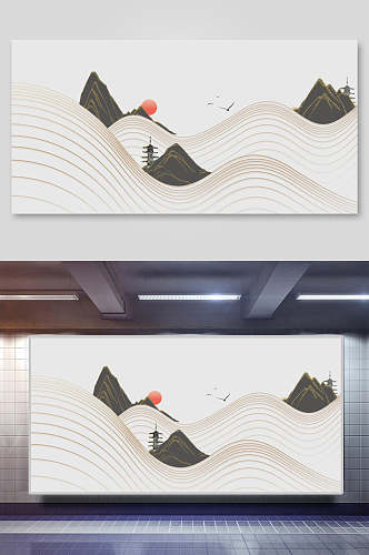 素雅中国风山水水墨画背景展板