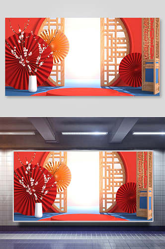 红色电商中国风海报背景展板