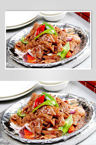 铁盘蒙古牛肉食物摄影图片