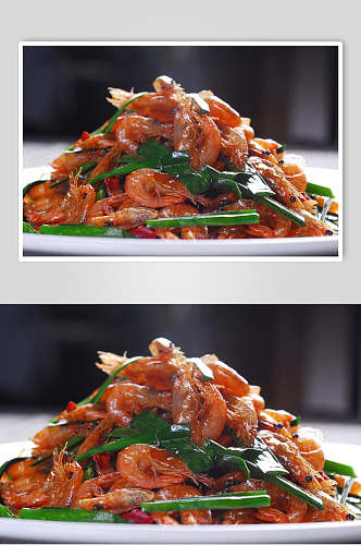 韭香炒小河虾食物高清图片