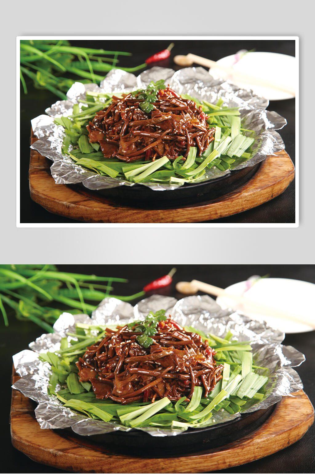 铁板韭香茶树菇餐饮摄影图片素材