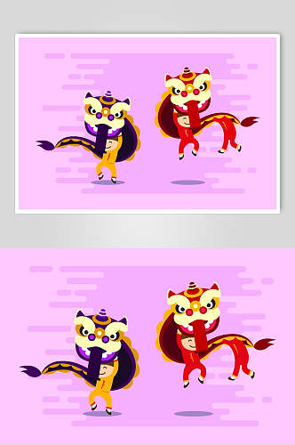 紫色卡通舞狮插画矢量素材
