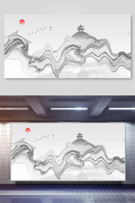 线条图形中国风山水水墨画背景展板