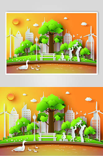 橙绿色卡通环保插画素材