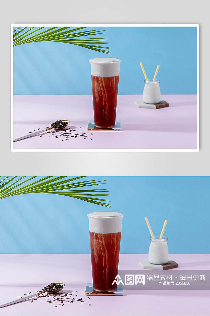 招牌清新夏日饮品乌龙茶奶盖奶茶摄影图素材