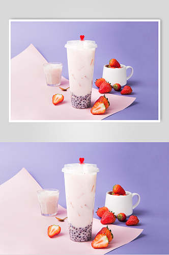 清新草莓烧仙草水果茶奶茶摄影图
