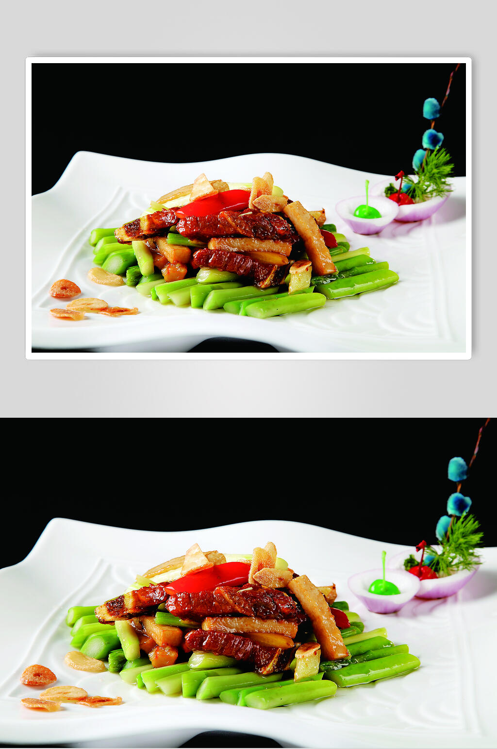芦笋菇菌炒牛仔骨食物高清图片素材