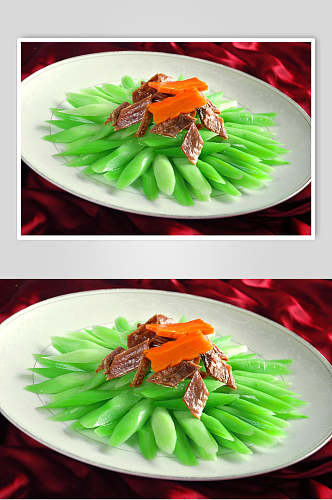 方鱼炒芥兰食物图片