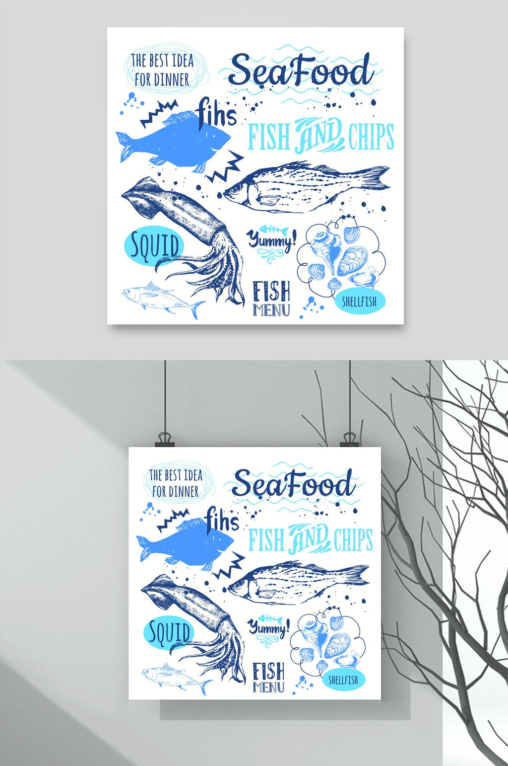 蓝色海鲜食材素描手绘矢量素材素材