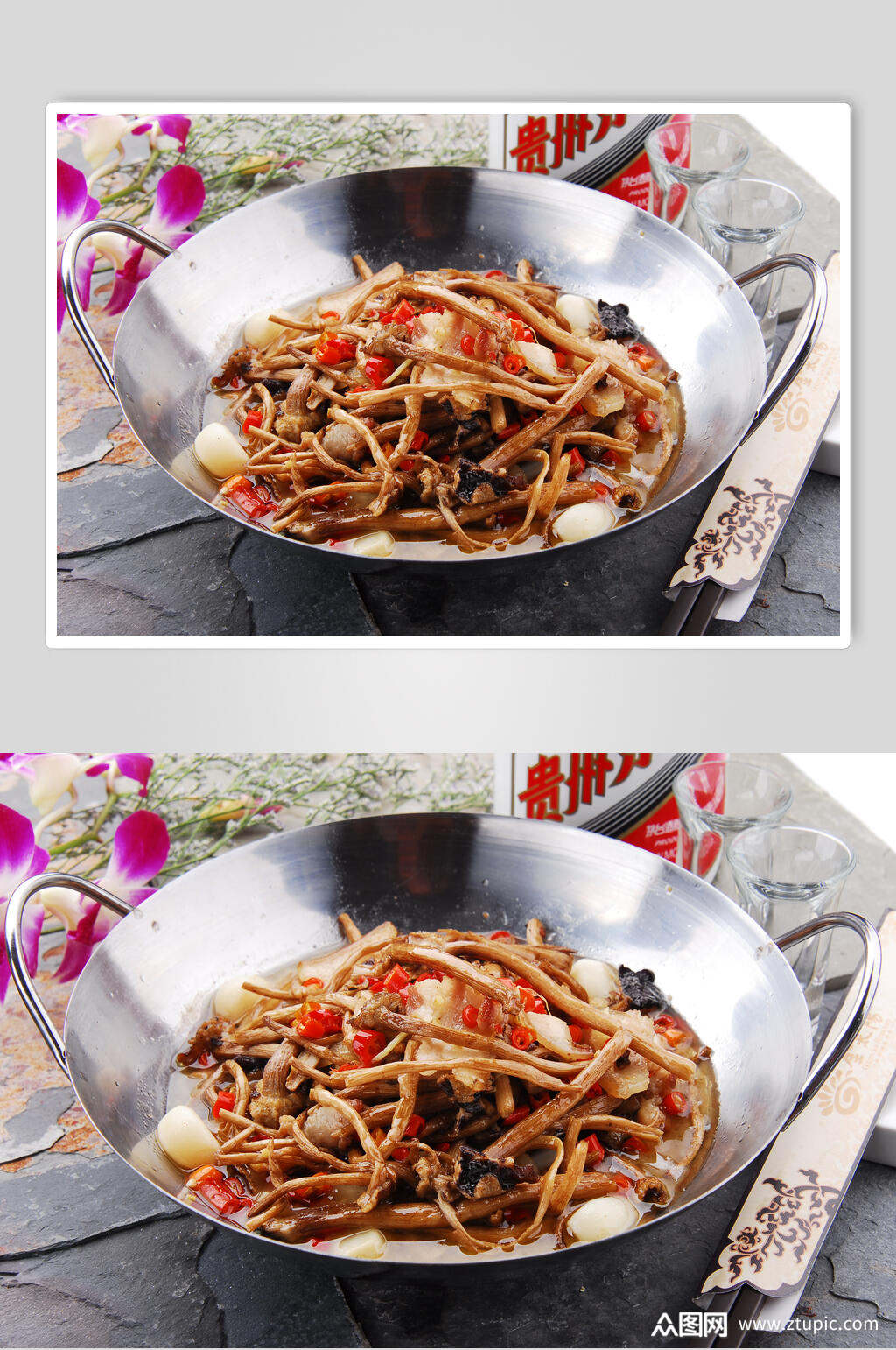 香辣干锅茶树菇食物摄影图片