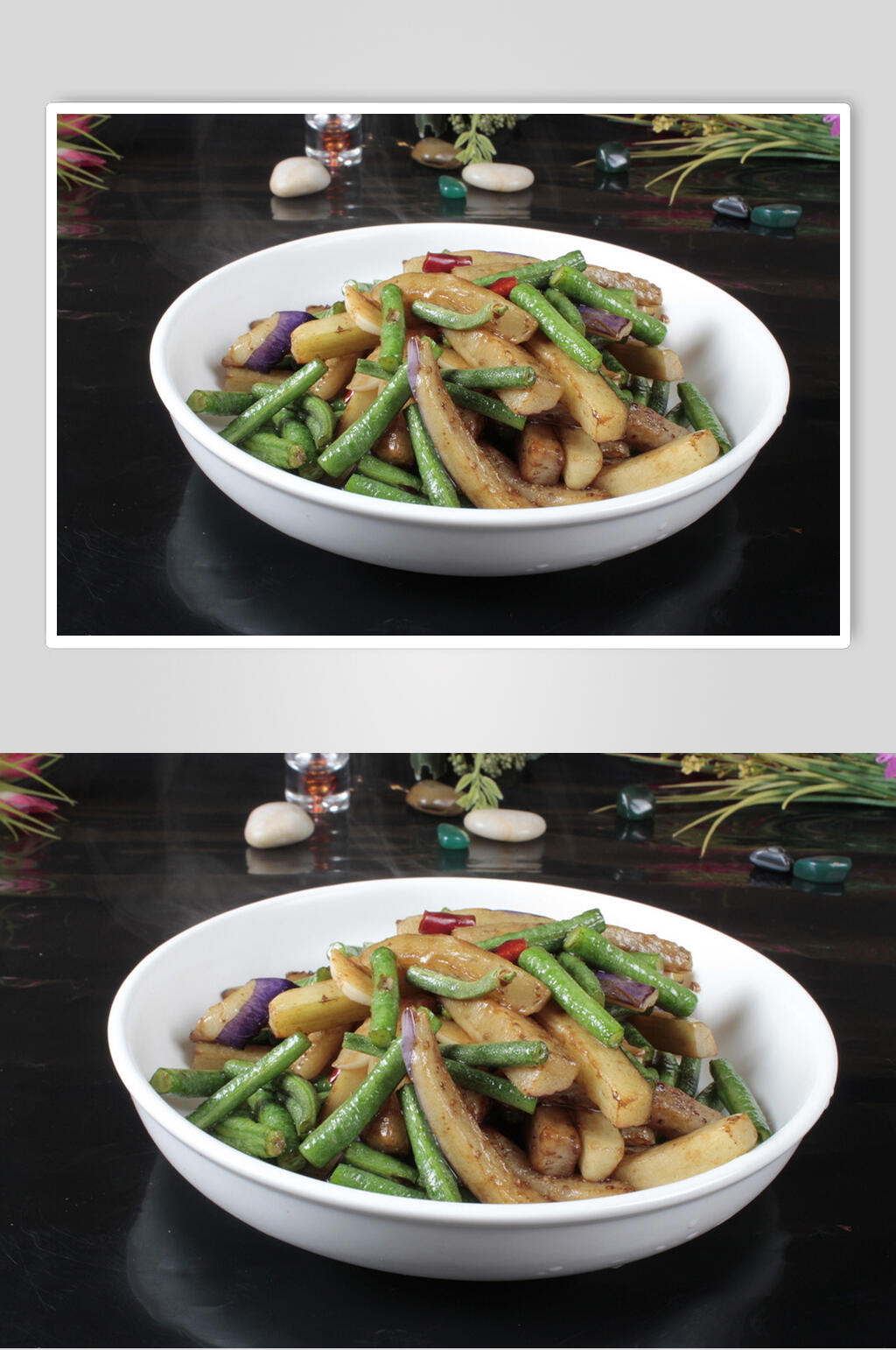 招牌美味茄子炒豆角食物实拍图片素材