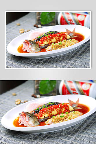 海鲜三味蒸鲈鱼摄影图片