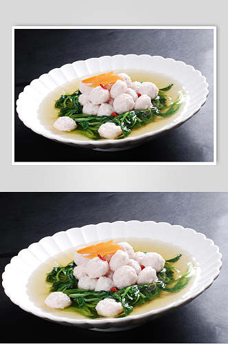 鲮鱼球浸鸡毛菜食品高清图片