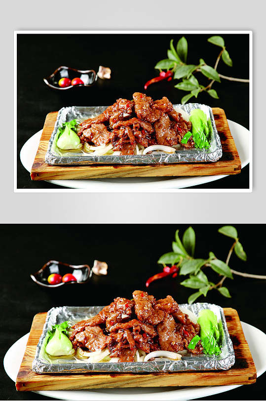 铁板黑椒蚝油牛柳食物摄影图片