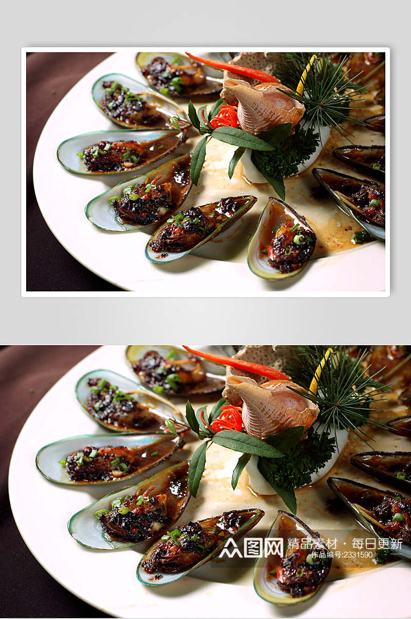 风味海鲜豉汁蒸青口食物高清图片素材
