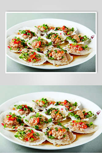 海鲜蒜茸粉丝蒸扇贝食品菜摄影图片