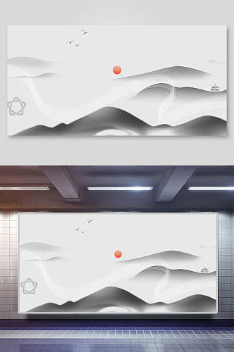 日山川中国风山水水墨画背景展板