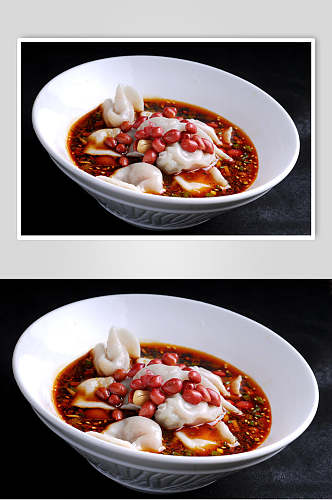 香辣红油水饺摄影图片