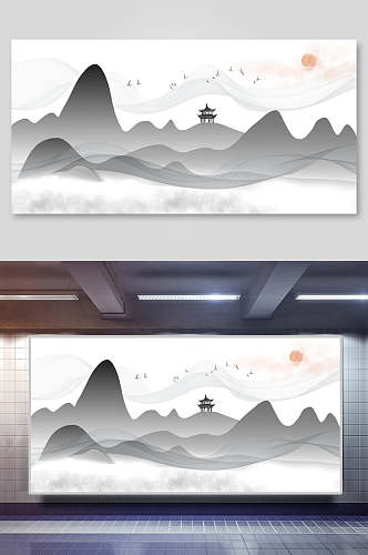 山中国风山水水墨画背景展板