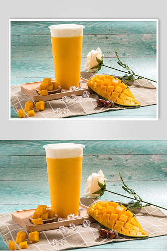 夏日冰凉美食芒果奶盖饮品摄影图