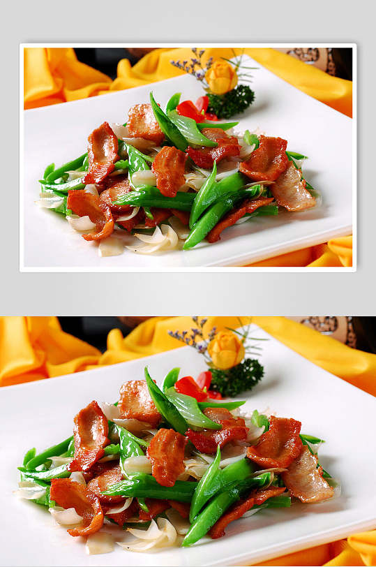 芥兰百合炒碳烤肉餐饮高清图片