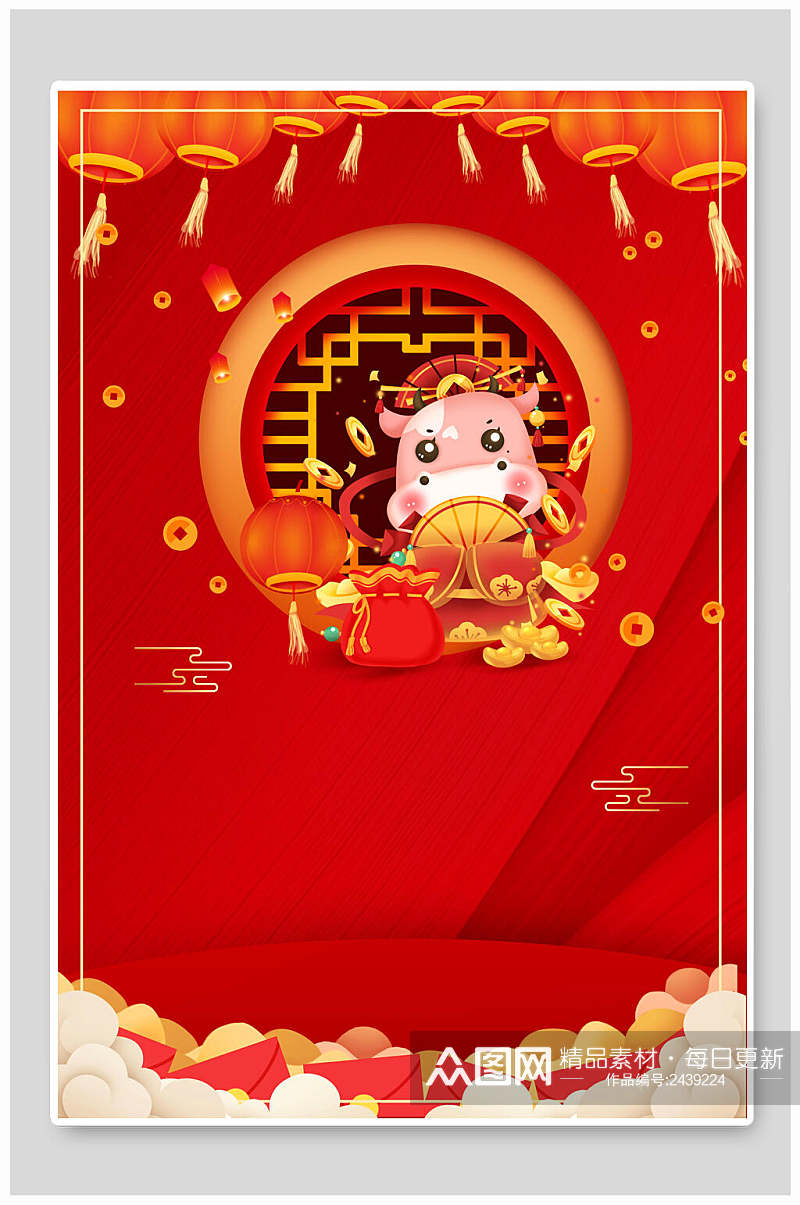 红色背景牛新年春节背景素材