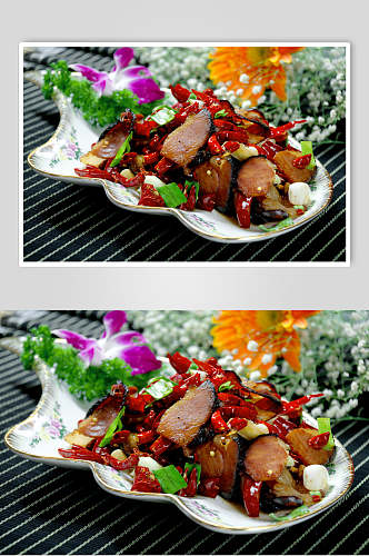 大蒜干椒炒腊肉食品图片