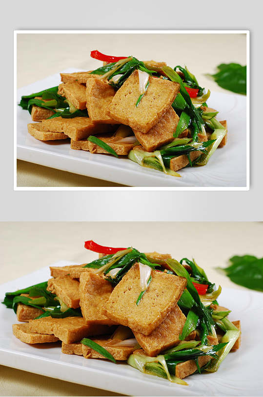蒜苗炒老豆腐食物实拍图片
