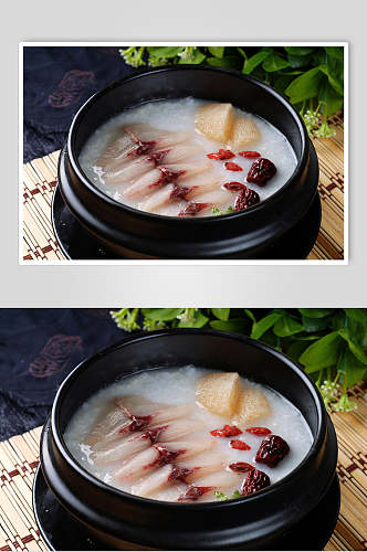 竹荪鱼片粥食物摄影图片
