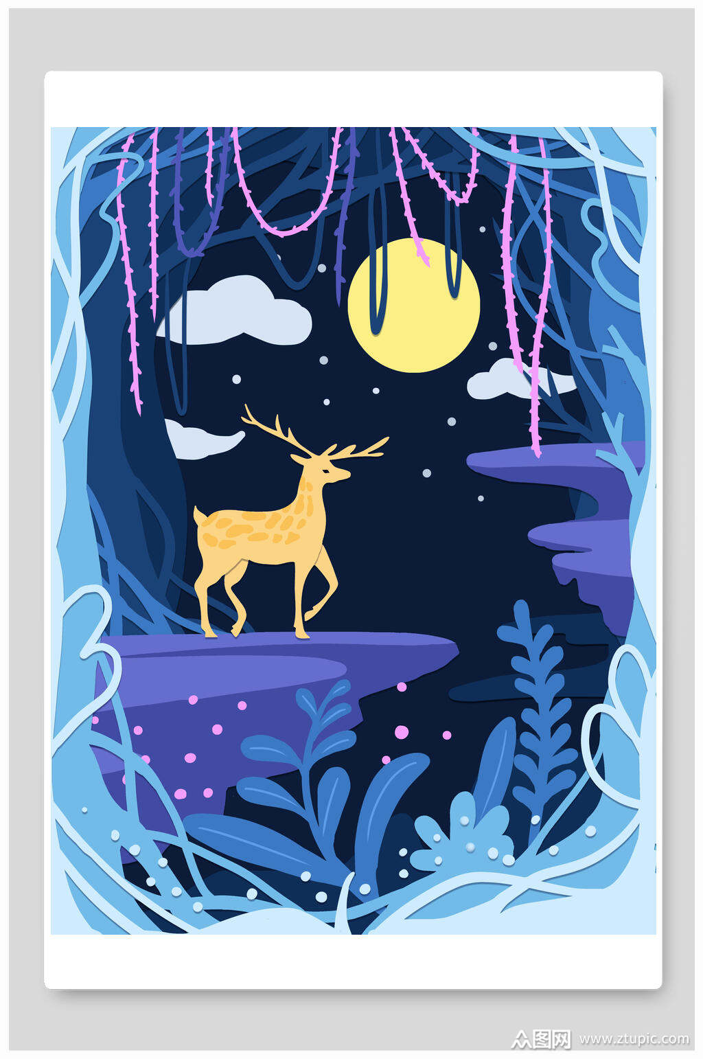 梦境唯美卡通动画小鹿森林插画