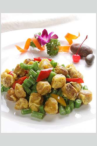 四季豆炒鹅肝食物图片