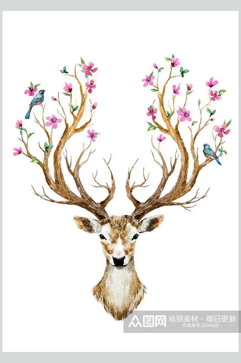 创意唯美手绘森系动植物麋鹿矢量素材素材