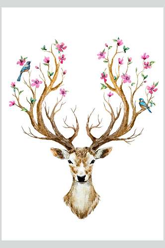 创意唯美手绘森系动植物麋鹿矢量素材