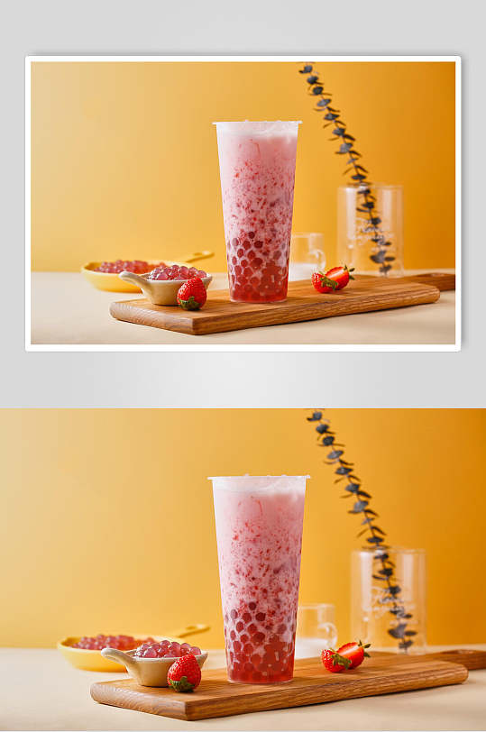夏日清凉草莓珍珠奶茶场景摄影图