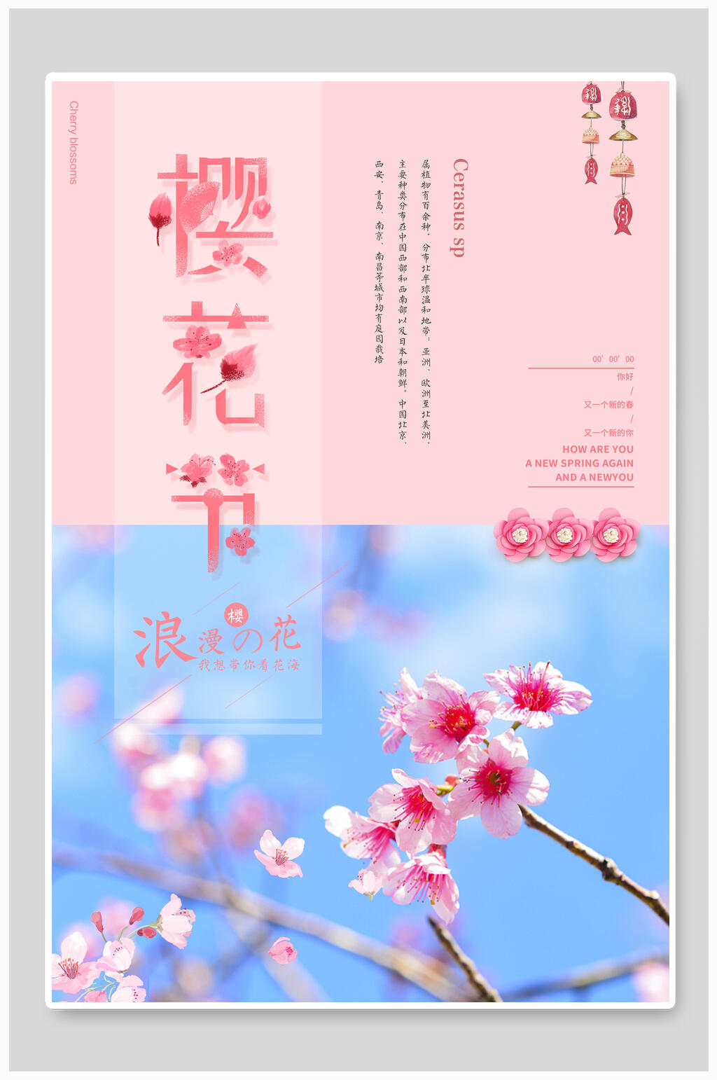 粉蓝浪漫樱花海报素材