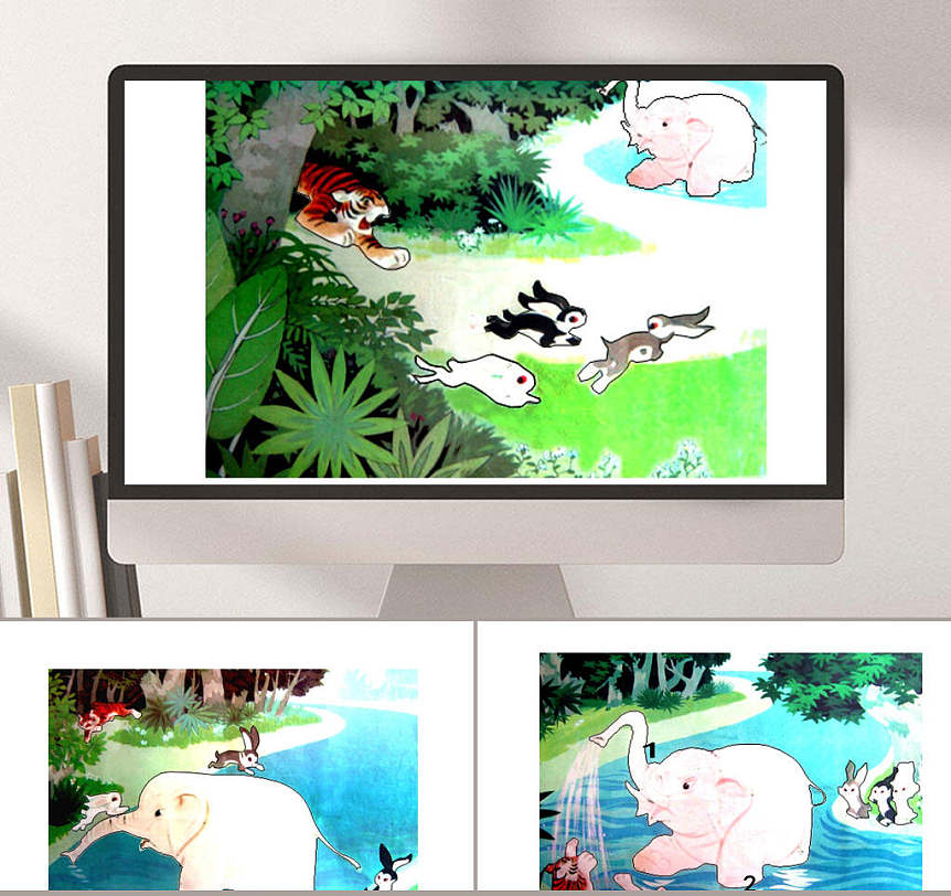 插图清新大象救兔子绘本故事ppt